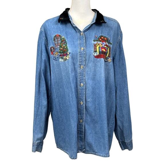 Bobbie Brooks vintage denim embroidered Christmas top, nostalgic, cozy, festive - Picture 1 of 7